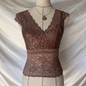 New mix classic brown lace short sleeve top